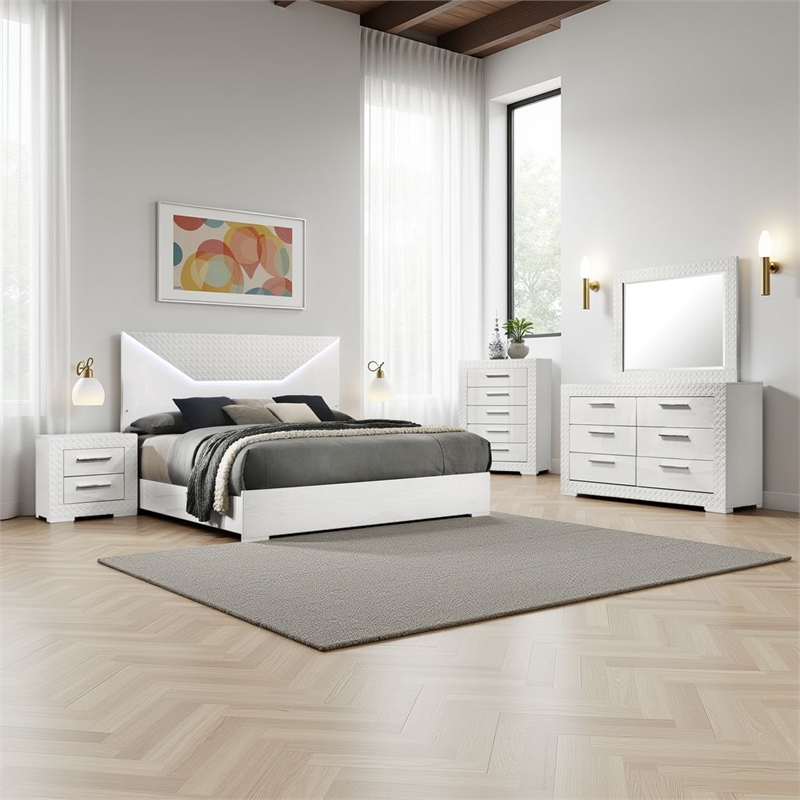 Pemberly Row 5-Piece Queen LED Bedroom Set in White High Gloss