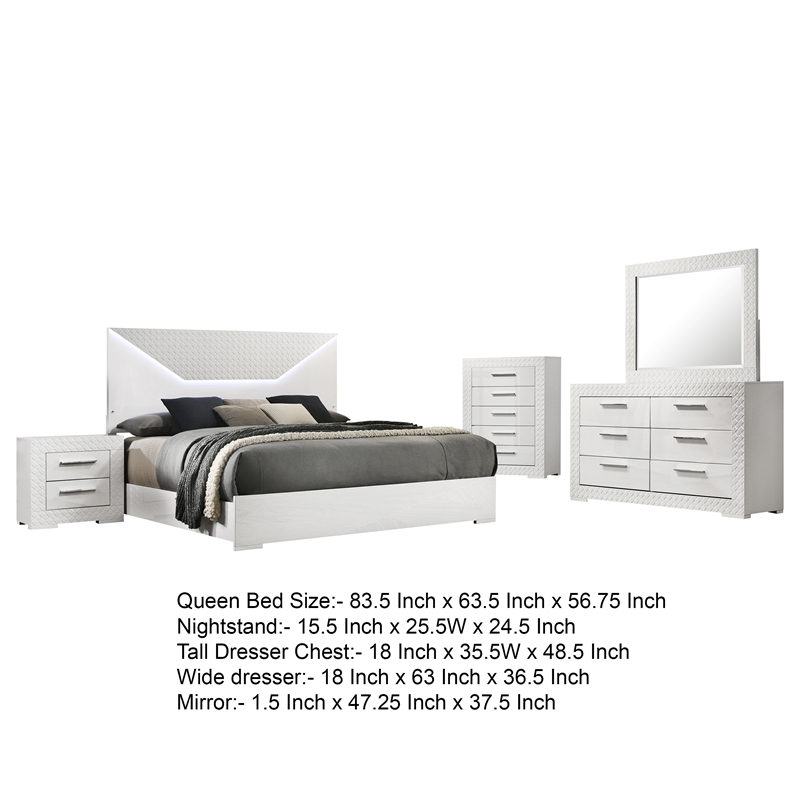 Pemberly Row 5-Piece Queen LED Bedroom Set in White High Gloss