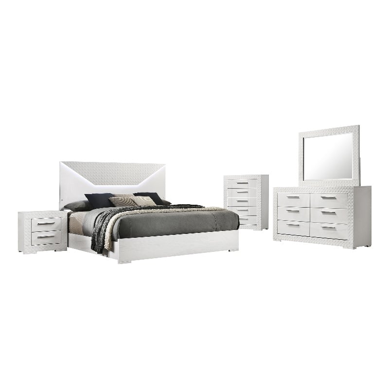 Pemberly Row 5-Piece Queen LED Bedroom Set in White High Gloss