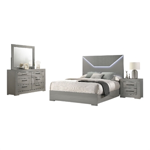 Pemberly Row 4-Piece Queen LED Bedroom Set in Gray High Gloss