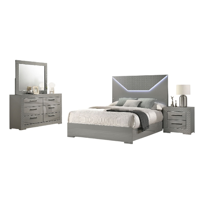 Pemberly Row 4-Piece Queen LED Bedroom Set in Gray High Gloss