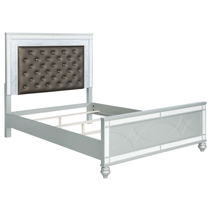 Pemberly Row 4-Piece Queen LED Bedroom Set in Silver Gray Faux Leather