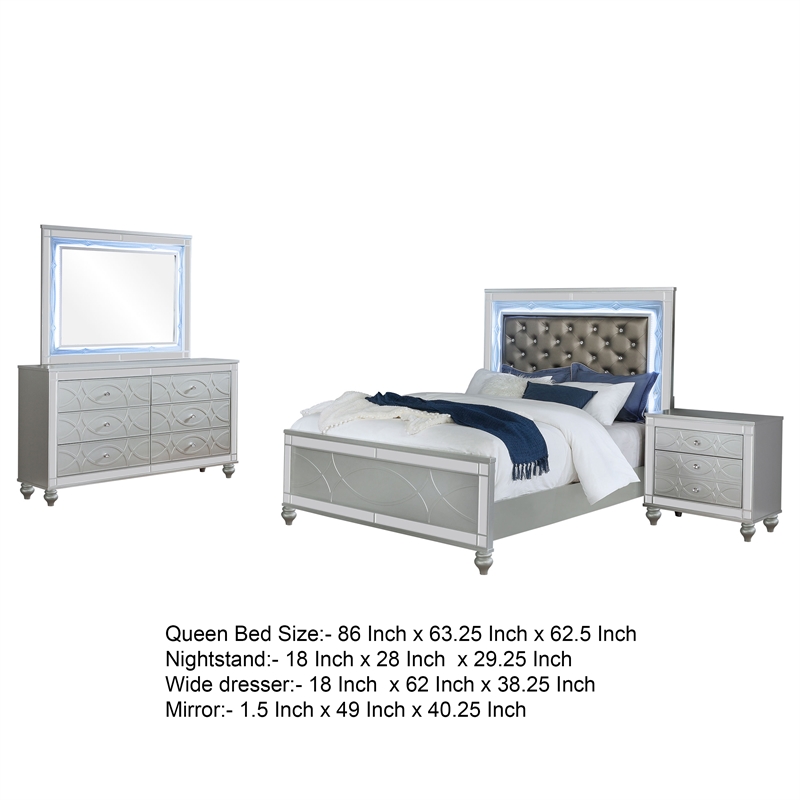 Pemberly Row 4-Piece Queen LED Bedroom Set in Silver Gray Faux Leather