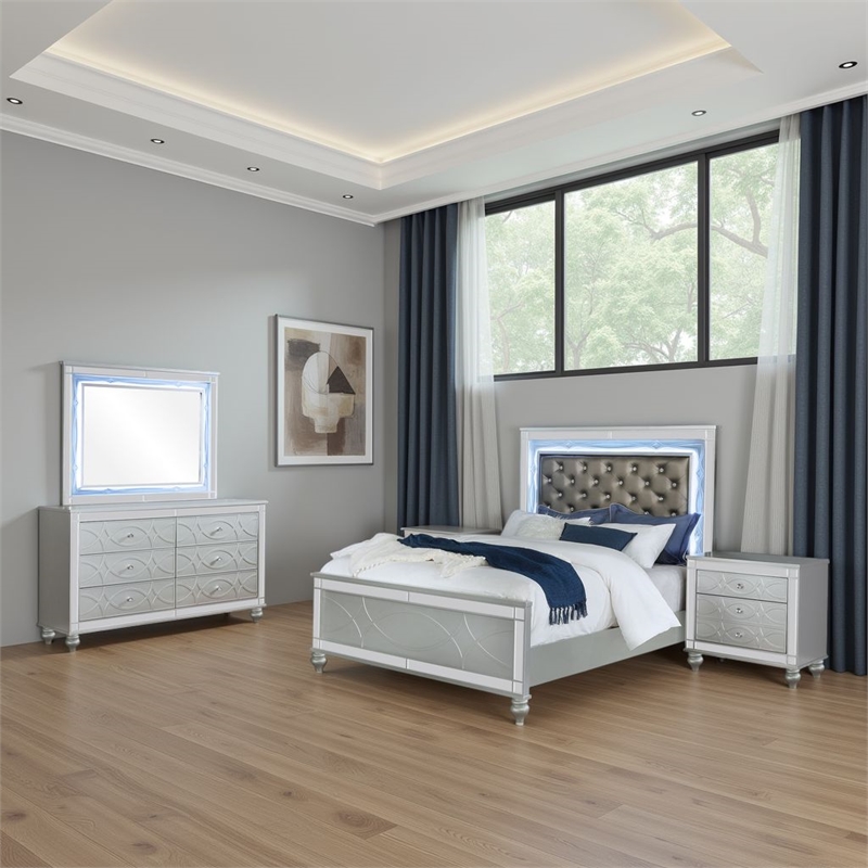 Pemberly Row 4-Piece Queen LED Bedroom Set in Silver Gray Faux Leather