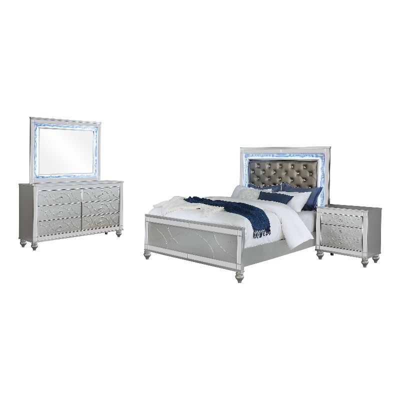 Pemberly Row 4-Piece Queen LED Bedroom Set in Silver Gray Faux Leather