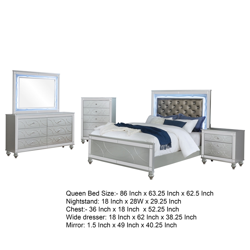 Pemberly Row 5-Piece Queen LED Bedroom Set in Silver Gray Faux Leather