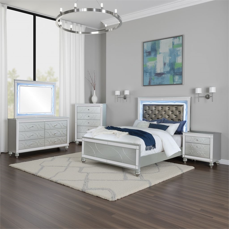 Pemberly Row 5-Piece Queen LED Bedroom Set in Silver Gray Faux Leather