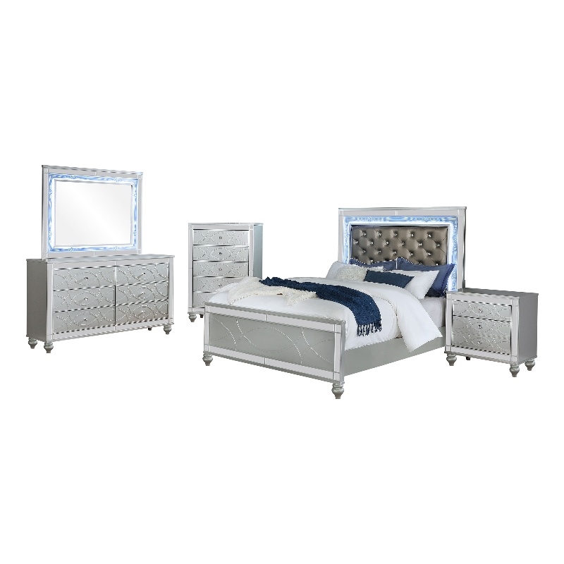 Pemberly Row 5-Piece Queen LED Bedroom Set in Silver Gray Faux Leather