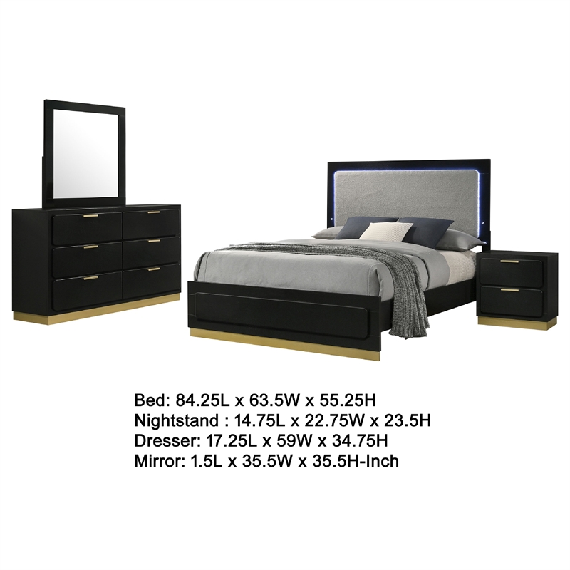 Pemberly Row 4-Piece Queen Bedroom Set with Gold Accents in Black and Gray