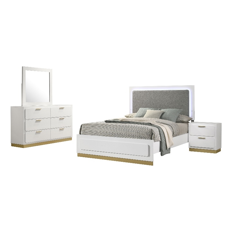 Pemberly Row 4-Piece Queen Bedroom Set with Gold Accents in White and Gray