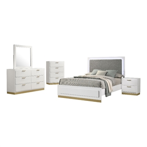 Pemberly Row 5-Piece Queen Bedroom Set with Gold Accents in White and Gray