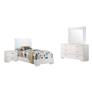 Pemberly Row 4-Piece Twin Faux Leather LED Bedroom Set in White Wood