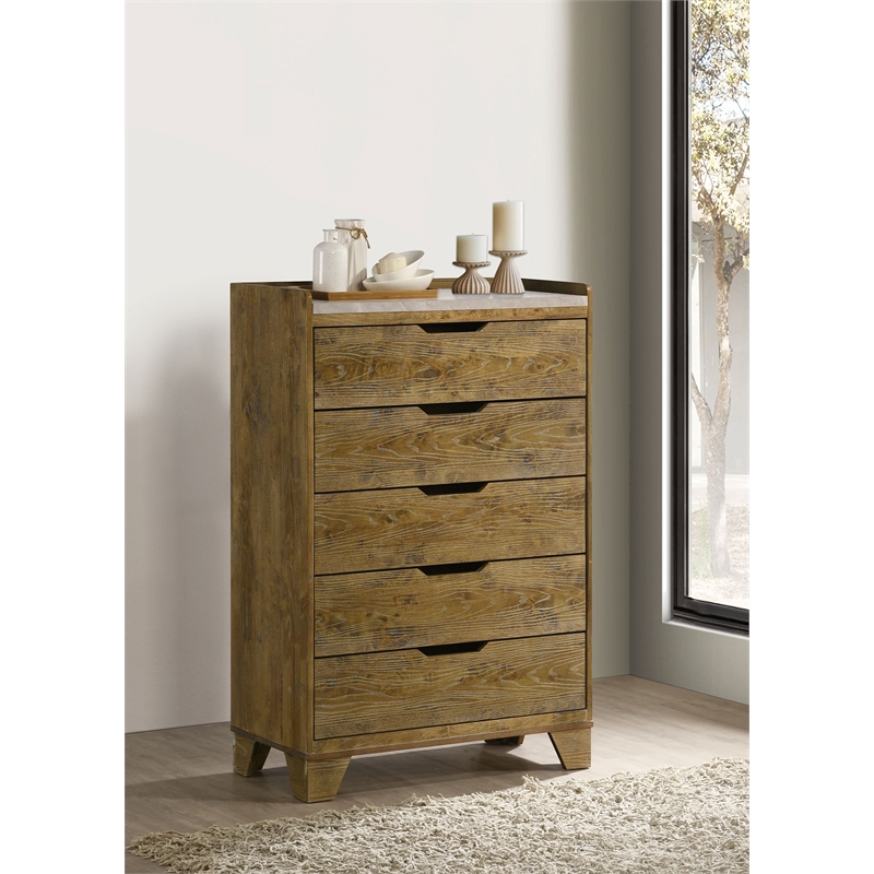 Pemberly Row 5-Drawer Rustic Wood Bedroom Chest in Medium Oak Brown