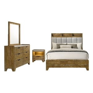 Pemberly Row 4-Piece Rustic Queen Bedroom Set in Medium Oak Brown