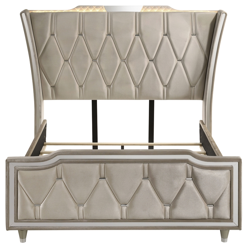 Pemberly Row Queen LED Velvet Wingback Bed in Ivory and Camel