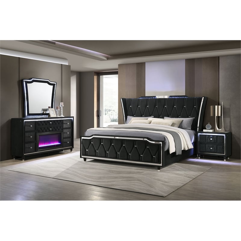 Pemberly Row 4-Piece Velvet California King Fireplace Bedroom Set in Black