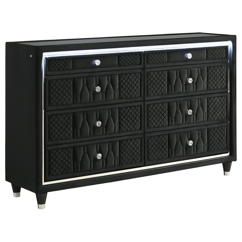 Pemberly Row 4-Piece Velvet Queen LED Wingback Bedroom Set in Black