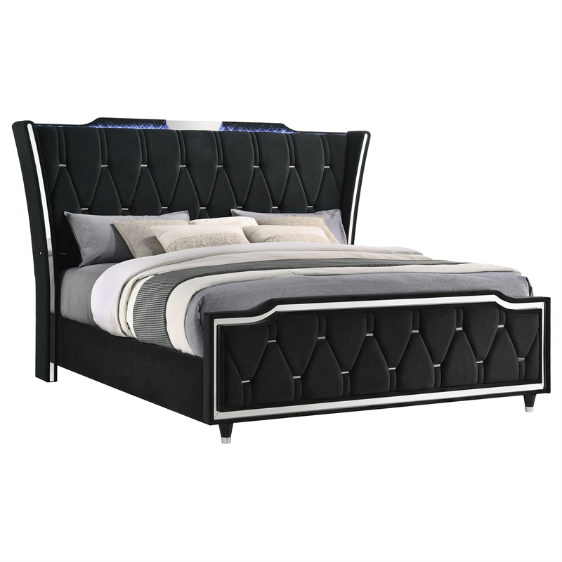 Pemberly Row California King LED Velvet Wingback Bed in Black
