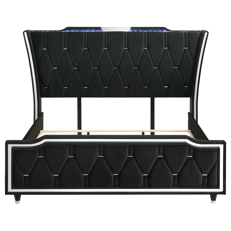 Pemberly Row California King LED Velvet Wingback Bed in Black