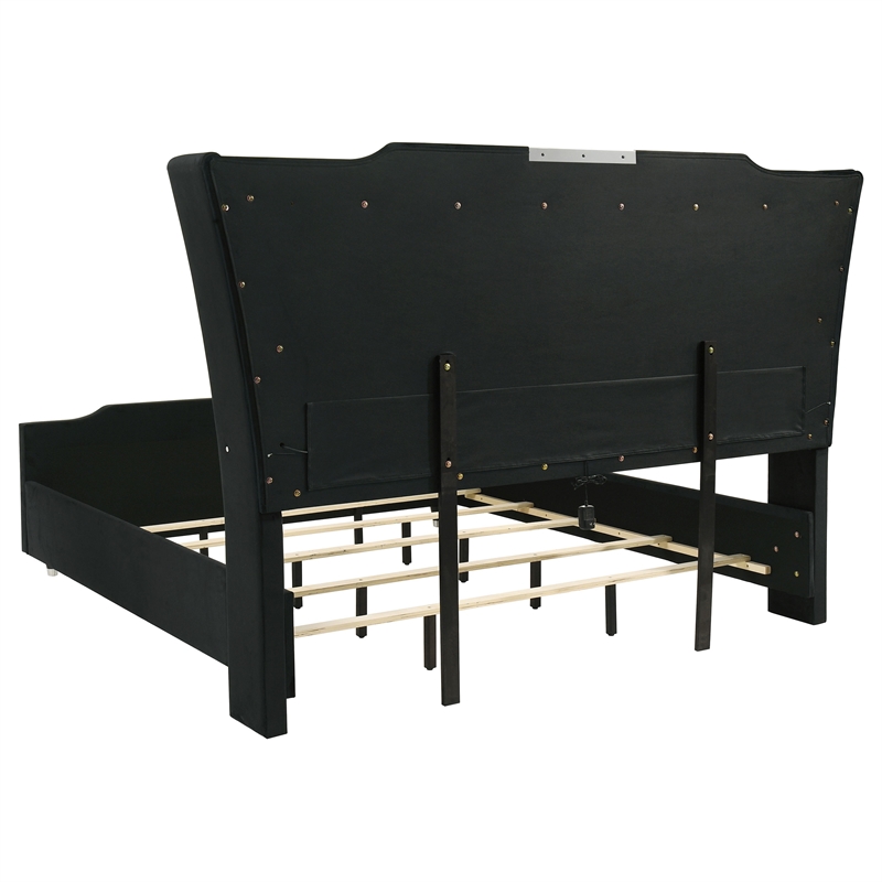 Pemberly Row California King LED Velvet Wingback Bed in Black