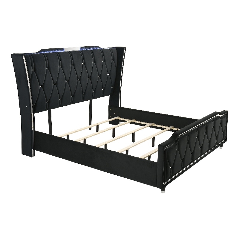 Pemberly Row California King LED Velvet Wingback Bed in Black