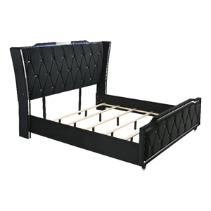 Pemberly Row California King LED Velvet Wingback Bed in Black