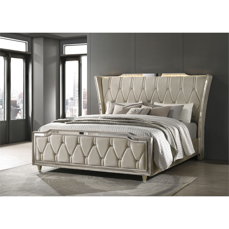 Pemberly Row California King LED Velvet Wingback Bed in Ivory and Camel
