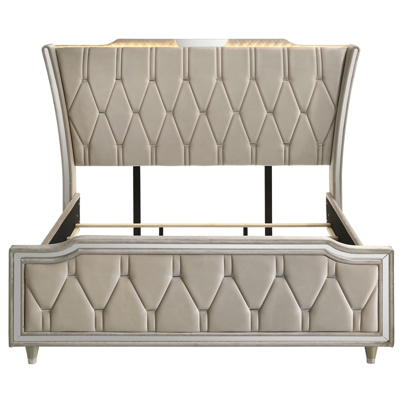 Pemberly Row California King LED Velvet Wingback Bed in Ivory and Camel