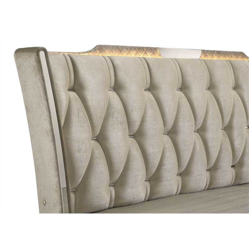 Pemberly Row California King LED Velvet Wingback Bed in Ivory and Camel