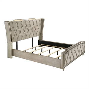 Pemberly Row California King LED Velvet Wingback Bed in Ivory and Camel