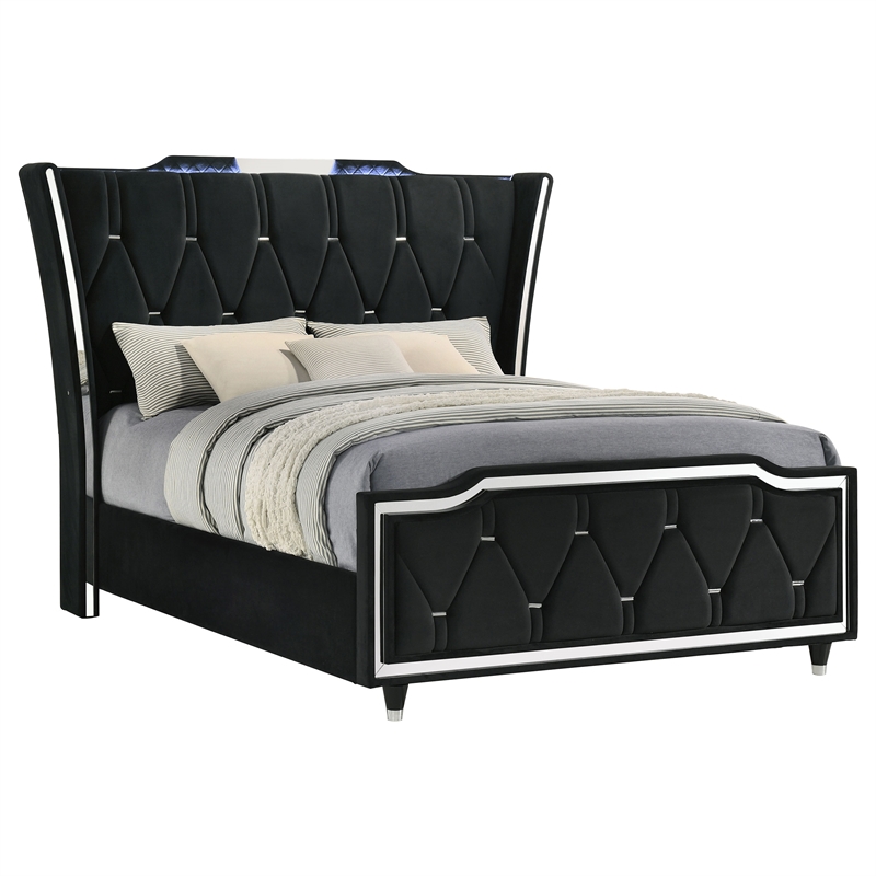 Pemberly Row Queen LED Upholstered Velvet Wingback Bed in Black