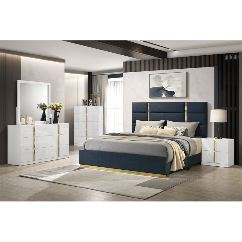 Pemberly Row 5-Piece Upholstered Queen Bedroom Set in Navy Blue and White