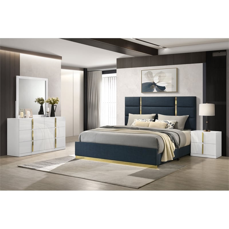 Pemberly Row 4-Piece Upholstered Eastern King Bedroom Set in Navy and White