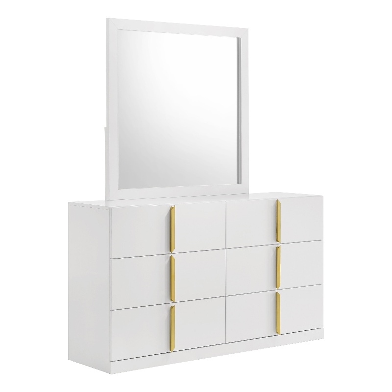 Pemberly Row 6-Drawer Bedroom Dresser with Mirror in White High Gloss