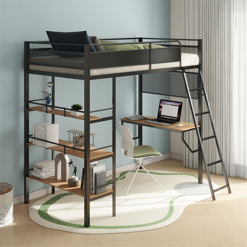 Pemberly Row 3-Shelf Transitional Steel Twin Workstation Loft Bed in Black