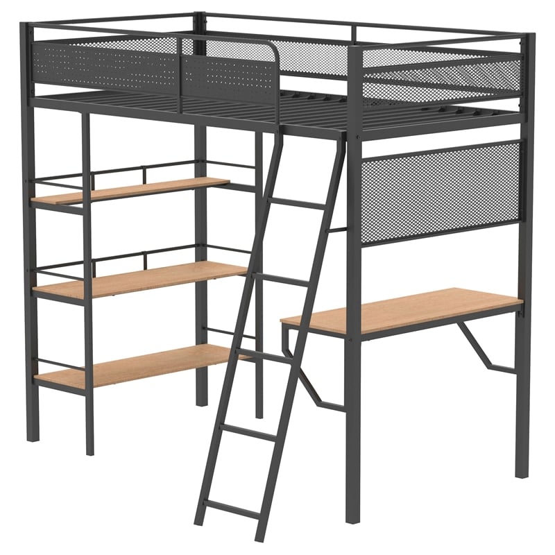 Pemberly Row 3-Shelf Transitional Steel Twin Workstation Loft Bed in Black
