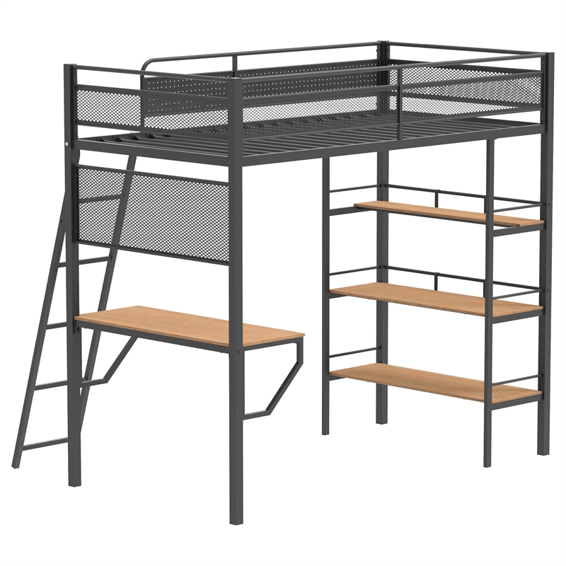 Pemberly Row 3-Shelf Transitional Steel Twin Workstation Loft Bed in Black