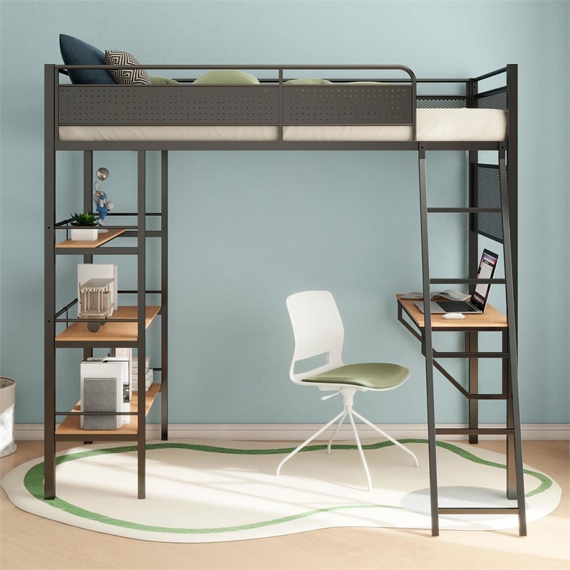 Pemberly Row 3-Shelf Transitional Steel Twin Workstation Loft Bed in Black