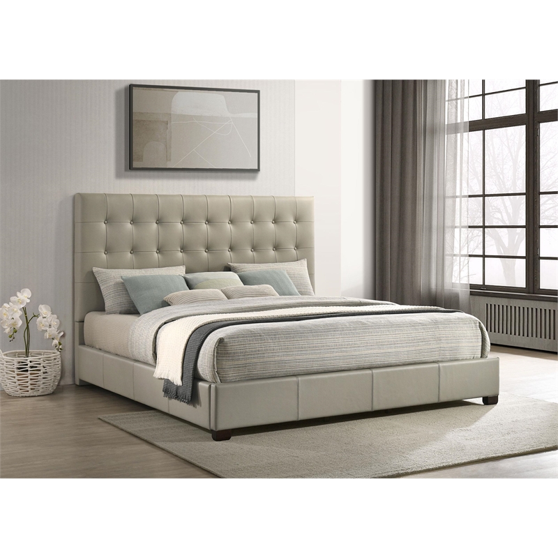 Pemberly Row Transitional Genuine Leather Eastern King Platform Bed in Tan