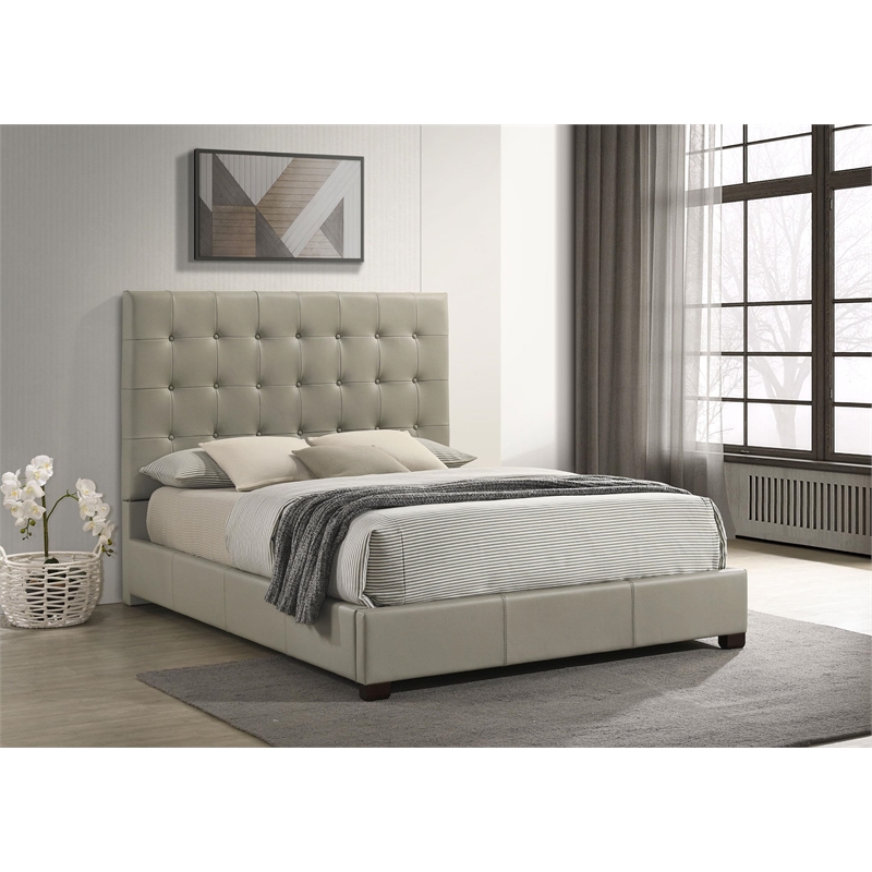 Pemberly Row Transitional Genuine Leather Queen Platform Bed in Tan
