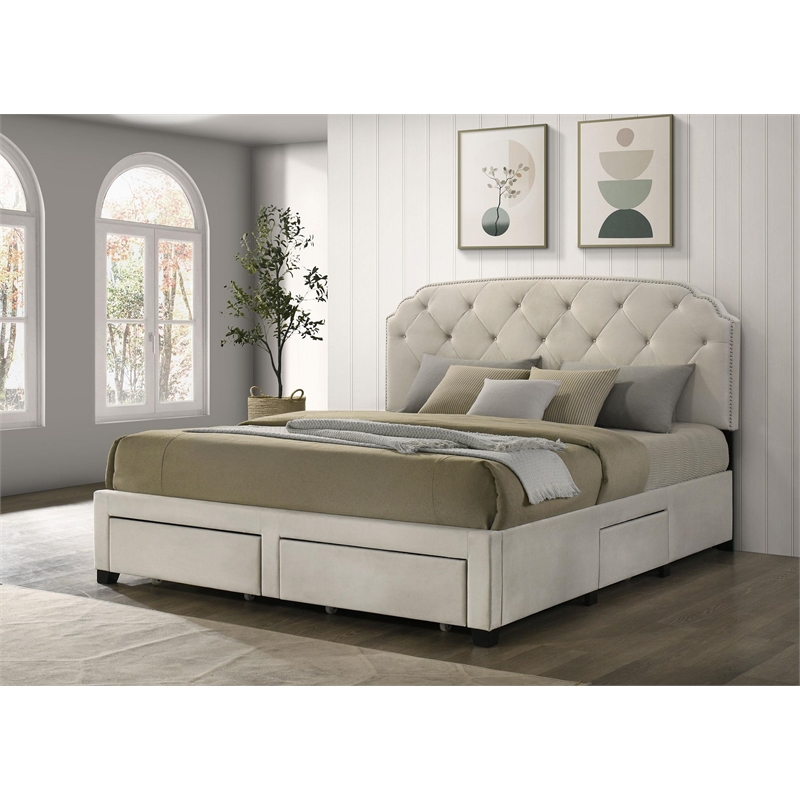 Pemberly Row 4-Drawer Upholstered Velvet Eastern King Storage Bed in Cream