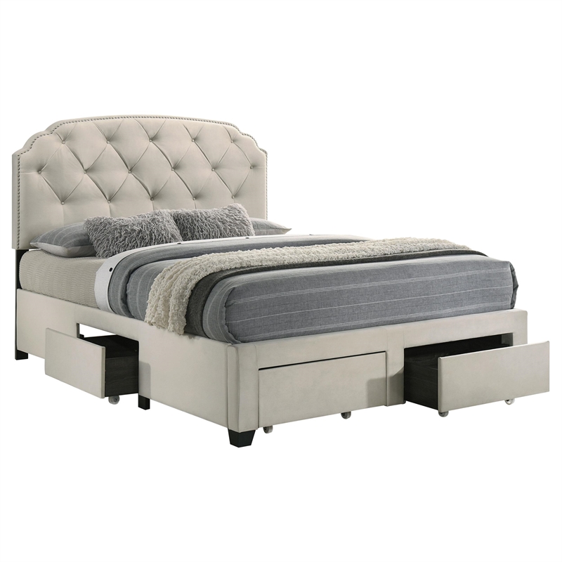 Pemberly Row 4-Drawer Upholstered Velvet Queen Storage Bed in Cream