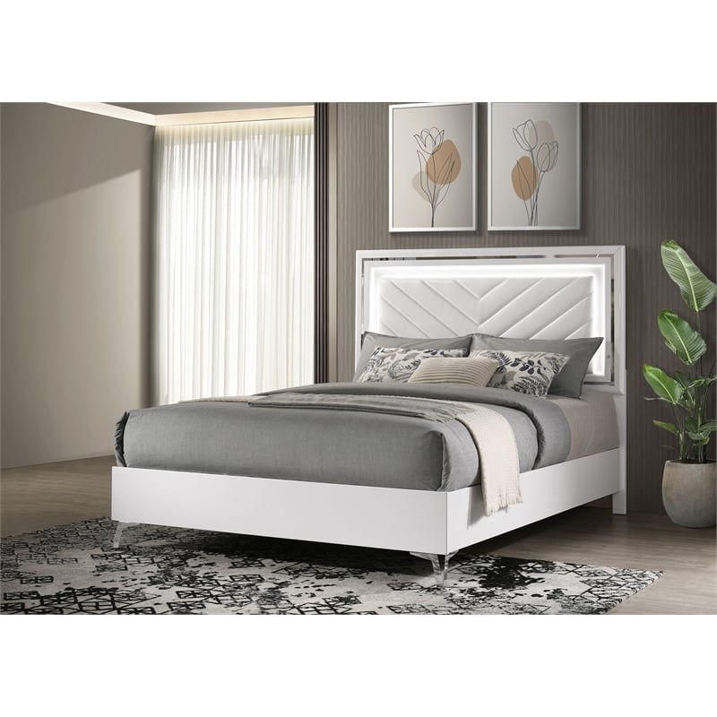 Pemberly Row Faux Leather Queen LED Panel Bed in White High Gloss