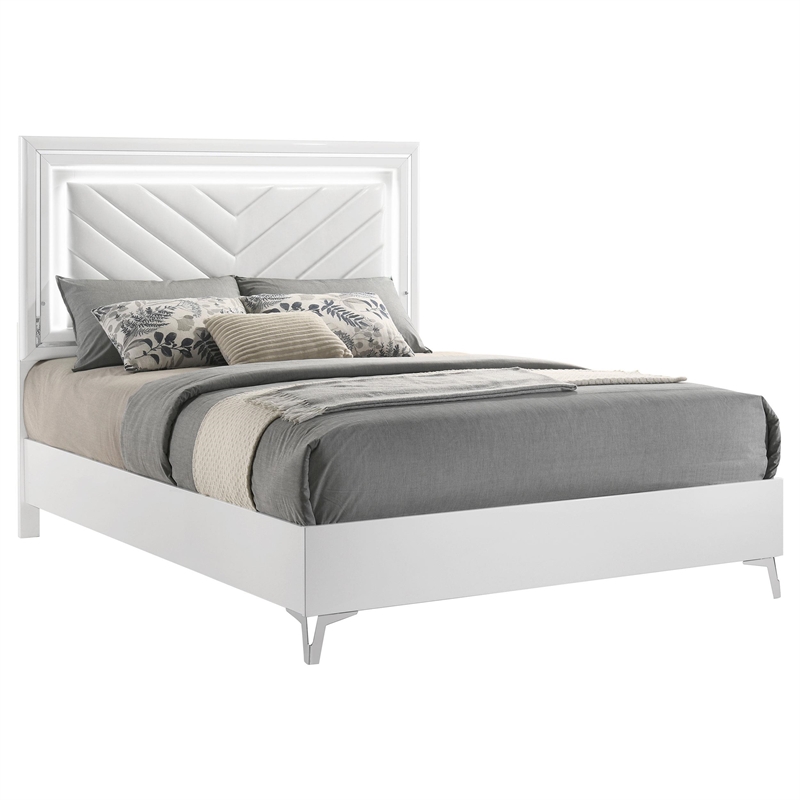 Pemberly Row Faux Leather Queen LED Panel Bed in White High Gloss
