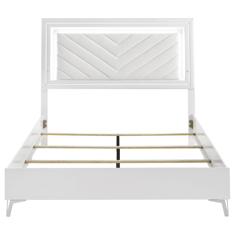 Pemberly Row Faux Leather Queen LED Panel Bed in White High Gloss