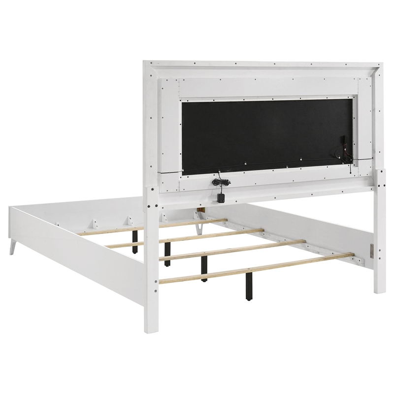 Pemberly Row Faux Leather Queen LED Panel Bed in White High Gloss