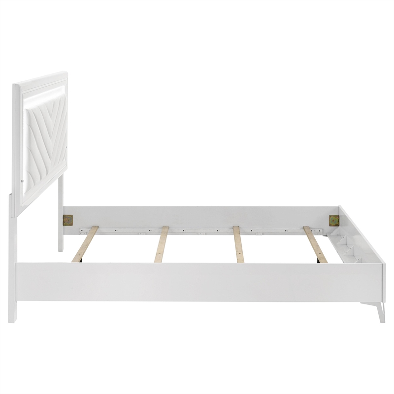 Pemberly Row Faux Leather Queen LED Panel Bed in White High Gloss