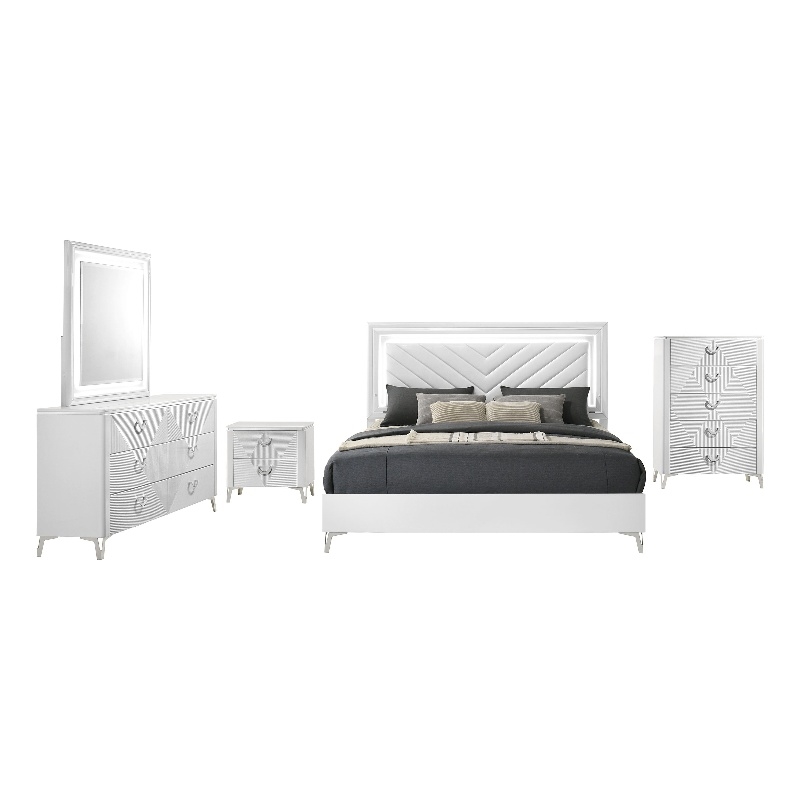 Pemberly Row 5-Piece Queen LED Bedroom Set in White High Gloss