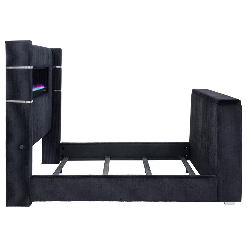 Pemberly Row Fabric Eastern King Flame Visualizer Wingback TV Bed in Black