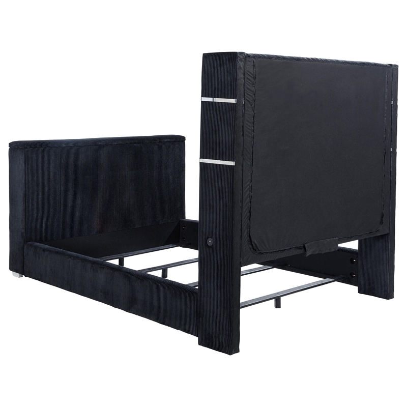 Pemberly Row Fabric Queen Flame Visualizer Wingback TV Bed in Black